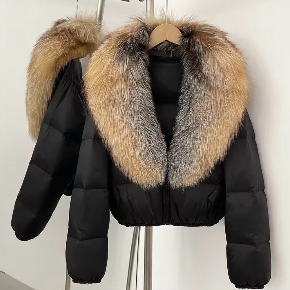 New Women's Black Puffer Jacket with Raccoon Fur Collar size S